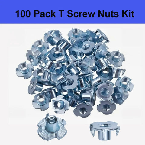 100 Pack 1 Quarter Inch 20 T Nuts Zinc Plated Steel Threaded Inserts Five Sixteenth Inch Barrel Length Four Prong Tee Nuts