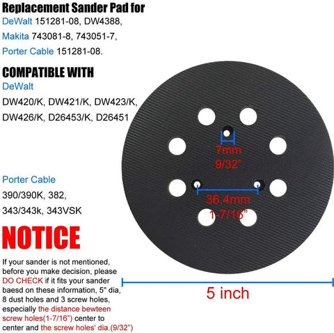 Diagram showing compatibility and measurements for 5 inch replacement sander pad with 8 dust collection holes, fits specific sander models.