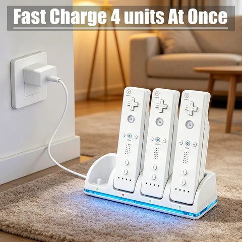 4 Port Wii Remote Charging Dock With LED Indicator, Includes 4 Rechargeable Battery Packs, Charges 4 Wii And Wii U Controllers At Once