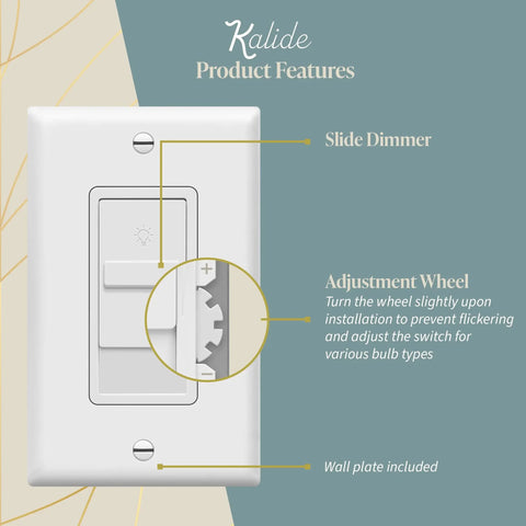 No Fuss Digital Dimmer Switch For 200W Dimmable LED And CFL Lights, Single Pole Slide Dimmer, Neutral Wire Not Required, UL Listed, White TGDS1-W 1 Pack Easy To Install showing slide dimmer and adjustment wheel features on a white wall.