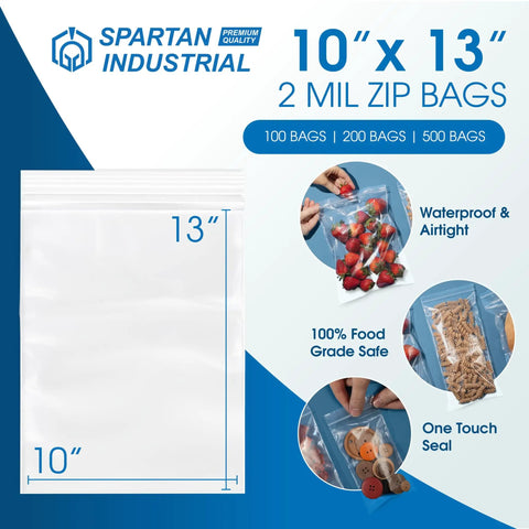 Bulk 500 Count 10X13 Clear Resealable Zip Plastic Poly Bags Top Shelf 2 Mil Virgin Ldpe for food storage solutions.