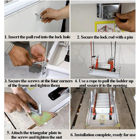 Installation steps of Heavy Duty Electric Pull Down Attic Ladder Telescoping Folding Loft Stairs with tools and parts.