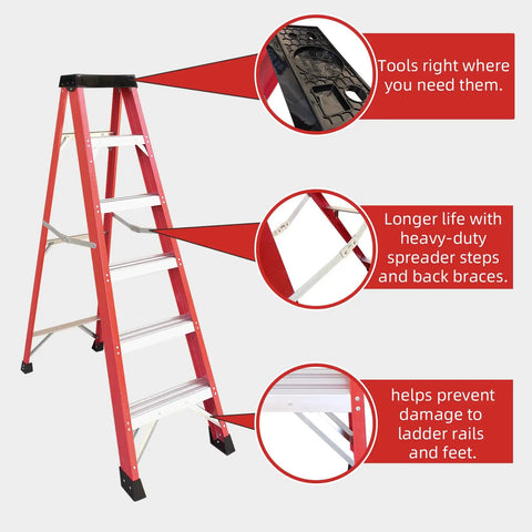 Heavy Duty 5 Step Fiberglass Ladder Foldable With Tool Tray Non Slip Wide Treads showing tool tray, spreader steps, and braces.