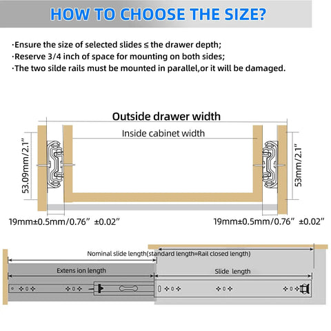 Diagram showing installation guidelines for Beefy 260 Lb Heavy Duty Drawer Slides Full Extension 53mm Wide 18 Inch 1 Pair Steel Ball Bearing Rails