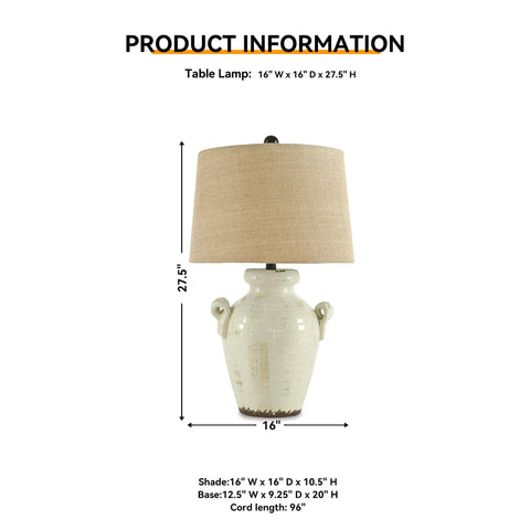 Farmhouse Ceramic Table Lamp, 27 Inch, Ivory Cream Glaze Crackle Finish, Ceramic Base With Fabric Drum Shade, 3 Way Switch