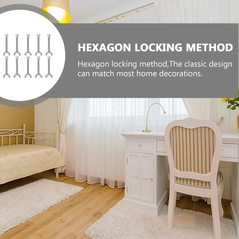 Stainless Steel Butterfly Nuts With Screws Set, 10 Pairs, shown with hexagon locking method illustration in home office setting