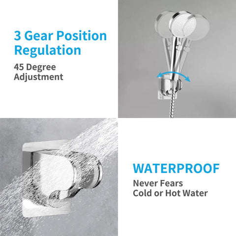 Stick On Shower Head Mount With Adjustable Swivel For RV And Bathroom Easy Install Self Adhesive Strong Grip Universal ABS Chrome Bracket Handheld Wand Holder showing gear position regulation and waterproof feature.