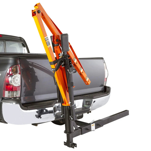 Straight Up Heavy Duty Hitch Mounted Jib Crane For Pickup Trucks with orange boom and black base mounted on truck.