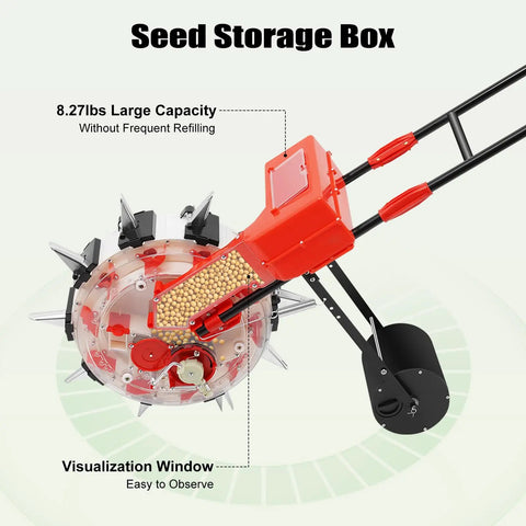 Hand Push Garden Seeder Roller Planter For Beans Vegetables And Grain Single Row Seeder With Fertilizer Applicator no fuss seed and fertilizer distribution durable iron and plastic build 0.12 to 0.59 inch seed size big 8.27 lb seed capacity showing seed storage box