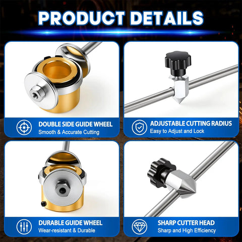 Pro Grade Plasma Cutter Circle Cutting Guide Kit For AG 60 SG 55 Adjustable Compass Roller Torch Attachment Metal Circle Cutter With Guide Rod And Clamp Holder No Guesswork To Create Precise Circles Every Time - product details featuring double side guide wheel, adjustable cutting radius, durable guide wheel, and sharp cutter head