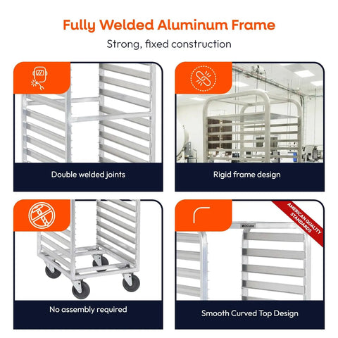 Fully Welded Aluminum Frame showcasing Hardcore Aluminum Bakery Rack That Cradles Twenty Sheet Pans With Roomy Three Inch Spacing.