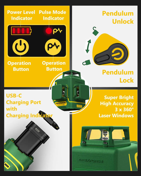 Close-up of Three-Plane 3D Laser Level Kit With 3x360 Self-Leveling Green Cross Lines showing controls and USB-C port.