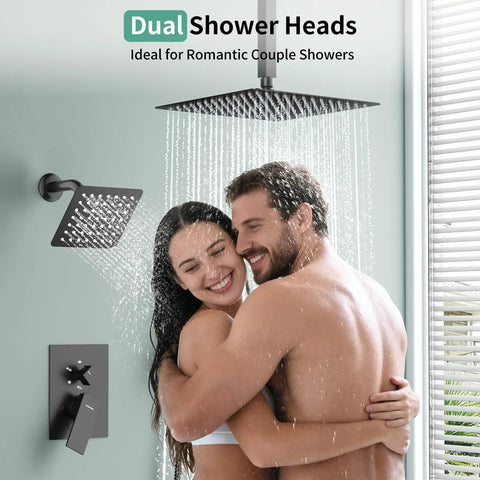 Top Shelf Matte Black Shower Faucet Set Featuring Dual Shower Heads And Wide Ceiling Rainfall Paired With Adjustable Handheld Spray For Dead Simple Setup And Insane Home Spa Vibes, couple enjoying a dual shower system.