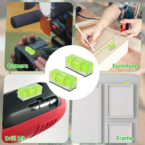 9 Piece Mini Magnetic Square Bubble Spirit Level Set Offering Dead Center Precision For Phonograph Turntables Camera Tripods Drills And Home Repair Jobs Every Time displayed on camera, furniture, and drill.