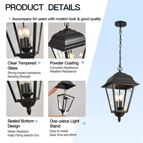 Large Outdoor Pendant Light With Two Lights, 13 Inch Tall Modern Black Exterior Hanging Fixture With Clear Glass close-up view
