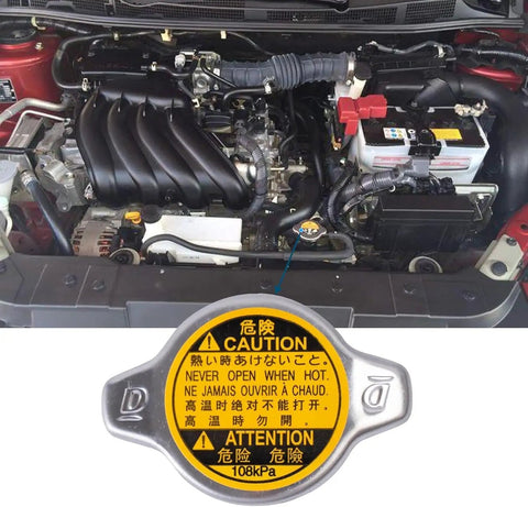 Toyota Radiator Cap 108KPa Direct Fit For 4Runner Camry Corolla Highlander And More Metal Construction, shown installed on engine