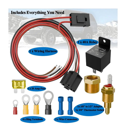 Components of 12V Car Electric Fan Relay Kit With 40 Amp Relay, Universal Radiator Cooling Switch Pack visible