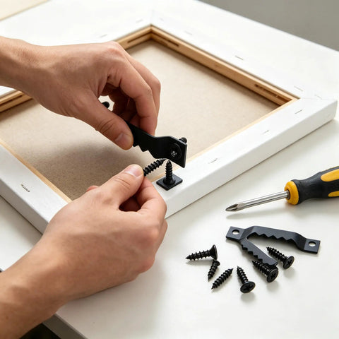 Person installing a 50 Pack Small Sawtooth Picture Hangers With Screws, Black Steel Hanging Hardware Kit for secure wall mounting.