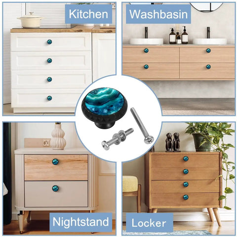 Slick Blue Marble Agate Cabinet Knobs 4 Pack Round Drawer Pulls With A Sleek Black Dresser Handle Base shown on kitchen and nightstand.