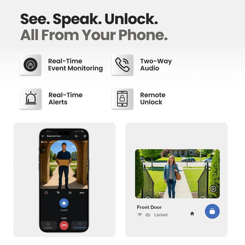 All In One Front Door Smart Lock With Palm Vein And Fingerprint Scanning Keyless Entry Video Camera And Smart Doorbell interface showing phone app features.