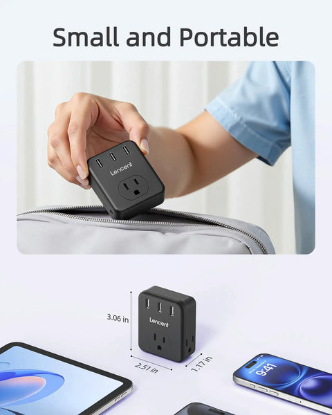 Compact Three Way Wall Outlet Extender With Three AC Outlets And Three USB Ports No Fuss Wall Charger fits in backpack