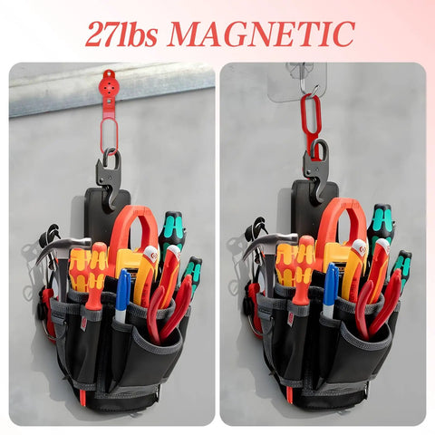 Heavy Duty Magnetic Stud Finder With 27 Pound Pull Power Battery Free Wall Scanner holding variety of tools in a magnetic holder.