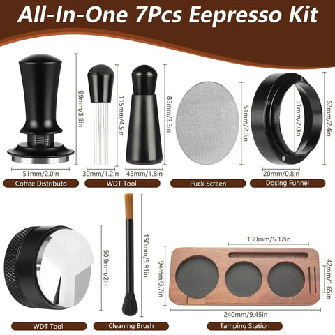 Straight Up Perfect Espresso Tamper Kit With Coffee Grounds Distributor, Precision Tamping Station For Consistent Pressure, All-in-one 7 piece setup with various tools for precise espresso preparation.