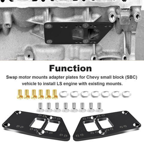 Heavy Duty LS Swap Motor Mounts Adapter Plates For Small Block Chevy To Gen 4 Engine Conversion shown with bolts and washers.