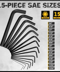 15-piece SAE hex key sizes displayed with measurements from 0.028 to 0.375 inches, part of 41 Piece Hex Key And Torx Wrench Set With Torque Handle In Storage Case Includes SAE And Metric Sizes 0.028 To 0.375 Inches And 0.7mm To 10mm Plus Torx T9 To T50 Heat Treated Chrome Vanadium Steel.