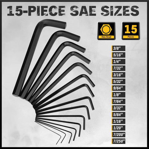 15-piece SAE hex key sizes displayed with measurements from 0.028 to 0.375 inches, part of 41 Piece Hex Key And Torx Wrench Set With Torque Handle In Storage Case Includes SAE And Metric Sizes 0.028 To 0.375 Inches And 0.7mm To 10mm Plus Torx T9 To T50 Heat Treated Chrome Vanadium Steel.