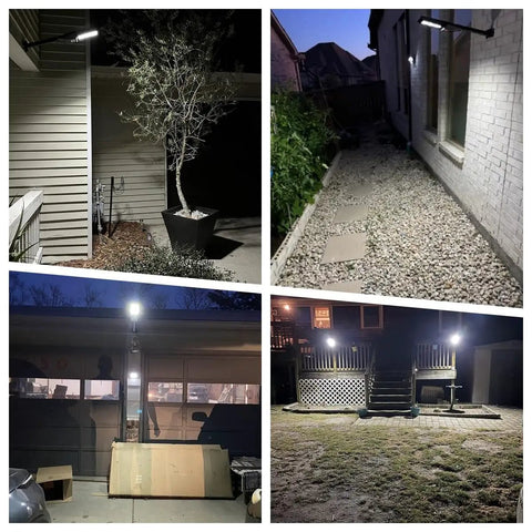 Solar Street Light Outdoor 300W Two Pack 25000 Lumens IP66 Waterproof Flood Light with Dusk to Dawn Motion Sensor installed in yards and parking areas at night.