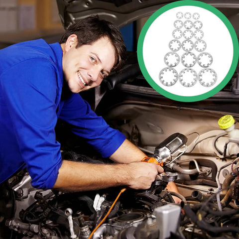Mechanic using Stainless Steel Internal Tooth Locking Washers Set 300 Pcs Heavy Duty Workhorse Star Shaped Lock Washers Assortment Kit