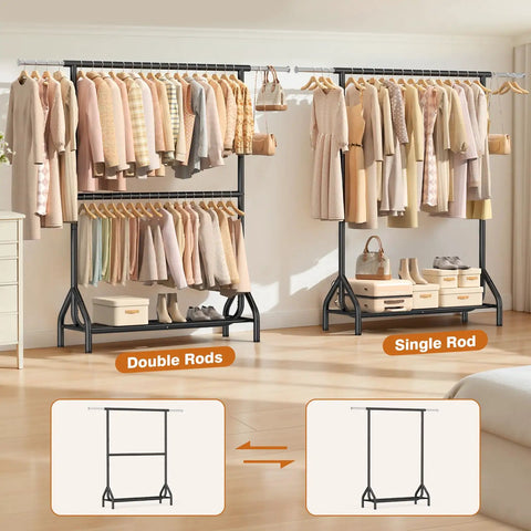 Built Like A Boss Double Rod Clothing Rack In Matte Black Steel, Handles Up To 622 Lbs Dead Flat, tall garment rack with double rods and shelves.