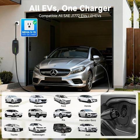 Car in garage charging with Level 1 And 2 Portable Home EV Charger With 16Amp 110V To 240V Flex, visible NEMA adapters.