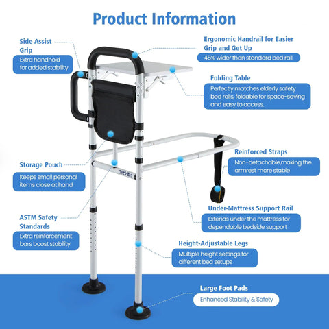 Bed Rails For Elderly Safety With Two Ergonomic Handles, 18 Level Adjustable Height, Foldable Table And Storage Pocket