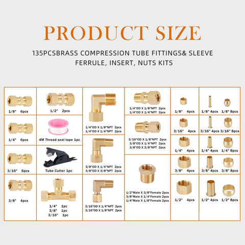 industrial brass compression fittings kit with tube sizes and components displayed