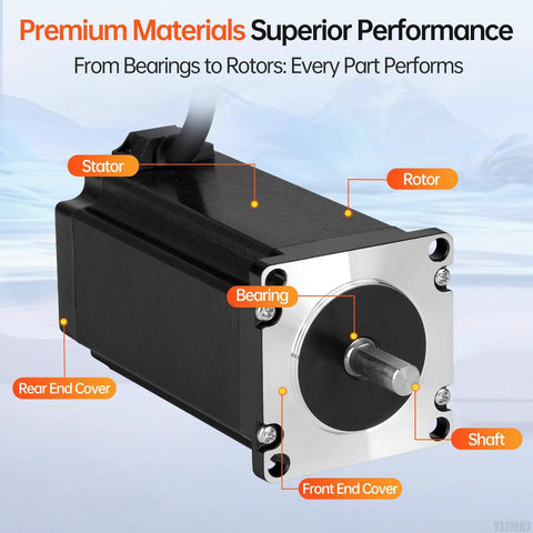 NEMA 23 high torque stepper motor showing components like rotor, stator, and shaft for CNC and 3D printers.