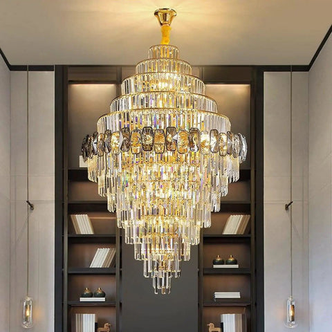 Premium Smoke Gray Crystal Chandelier Ceiling Fan 42 Or 48 Inch with gold-tone frame and smoke prisms in modern home setting.