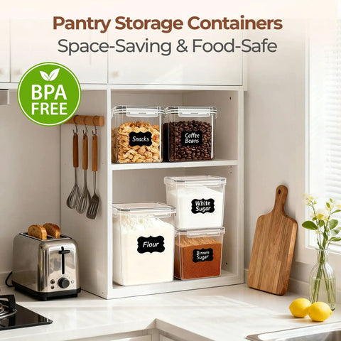 Flour And Sugar Storage Containers Set Of 3 Large Airtight Plastic Canisters With Lids on kitchen shelf with snacks and coffee beans