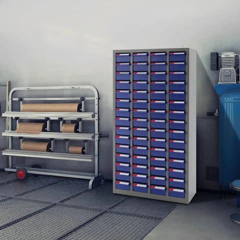 Rock Solid Heavy Duty Metal Parts Organizer Cabinet With Sixty Spacious Drawers in a workshop setting for efficient tool storage.