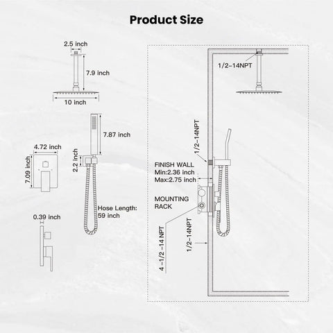 Diagram of Ceiling Mount Shower System With Rain Showerhead And Handheld Sprayer, 10 inch, Oil Rubbed Bronze, showing dimensions
