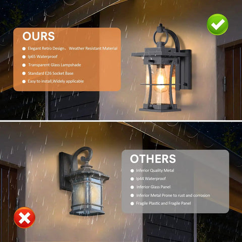 Comparison of Outdoor Wall Mount Porch Light Sconces IP65 E26 Waterproof Exterior Light Fixture Wall Lantern with clear seeded glass in rain.