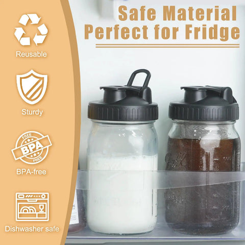 Total Game Changer Pour Spout Lids For Regular Mouth Mason Jars Heavy Duty Flip Caps in fridge with liquid containers.