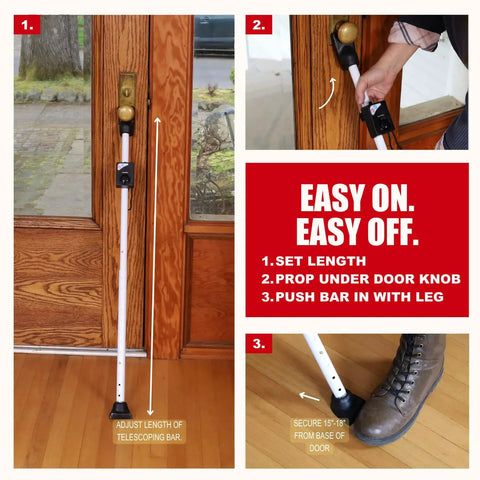 Tough As Nails Door Security Bar With Blaring 120Db Siren shown under door knob, adjustable for various door lengths.