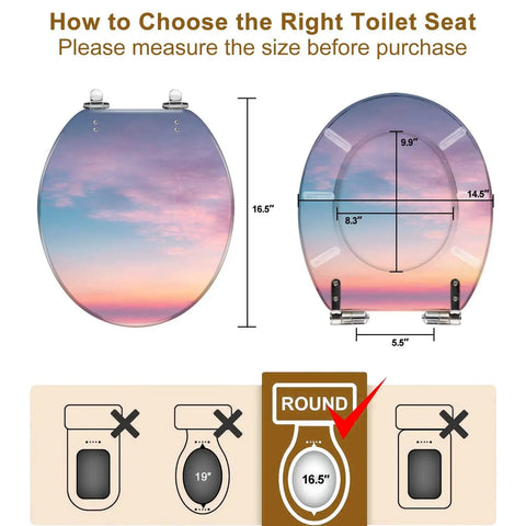 Smooth Round Resin Toilet Seat With Gentle Soft Close Lid And Quick Release Hinges Adding Fresh Coastal Tropics Vibes To Your Restroom While Remaining Dead Simple To Install And Scrub Clean Daily shown with measurement guide.