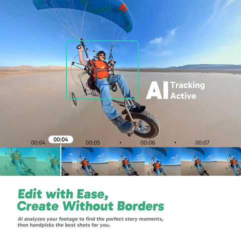 Weatherproof 5.7K 360 Video Action Camera Creator Bundle capturing AI tracking during a biking stunt with horizon lock feature