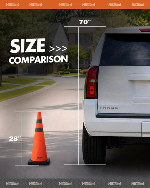 2 Pack 28 Inch Orange Collapsible Traffic Cones With Quick Pull Setup And Slick Fold Flat Storage next to a vehicle for size comparison.