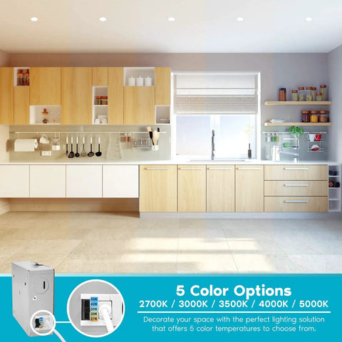 Modern kitchen with Ultra Thin 3 Inch LED Recessed Light Kit with Junction Box 8W Dimmable Wafer Downlight 5 Color Temps installed.