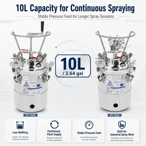 Built Like A Tank 10L Pneumatic Paint Pressure Pot Forged From Sus304 Stainless Steel with pressure gauge and sturdy handles.