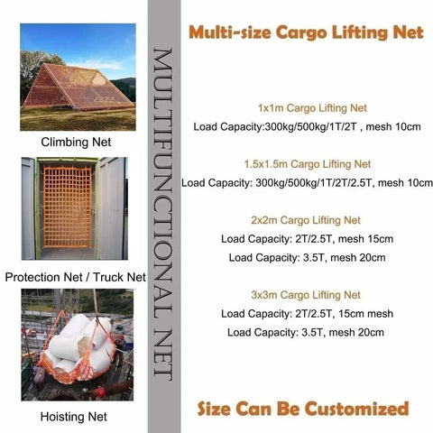Beefy Heavy Duty Polyester Lifting Net For Cargo, Garden And Industrial Tasks showcasing size options and load capacities.